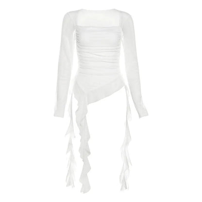 Sexy Women's Tops Fashion White Black Irregular Ribbon T-shirts for Women Long Sleeve Ruffles Slim Punk Tops Female Clothing Y2k