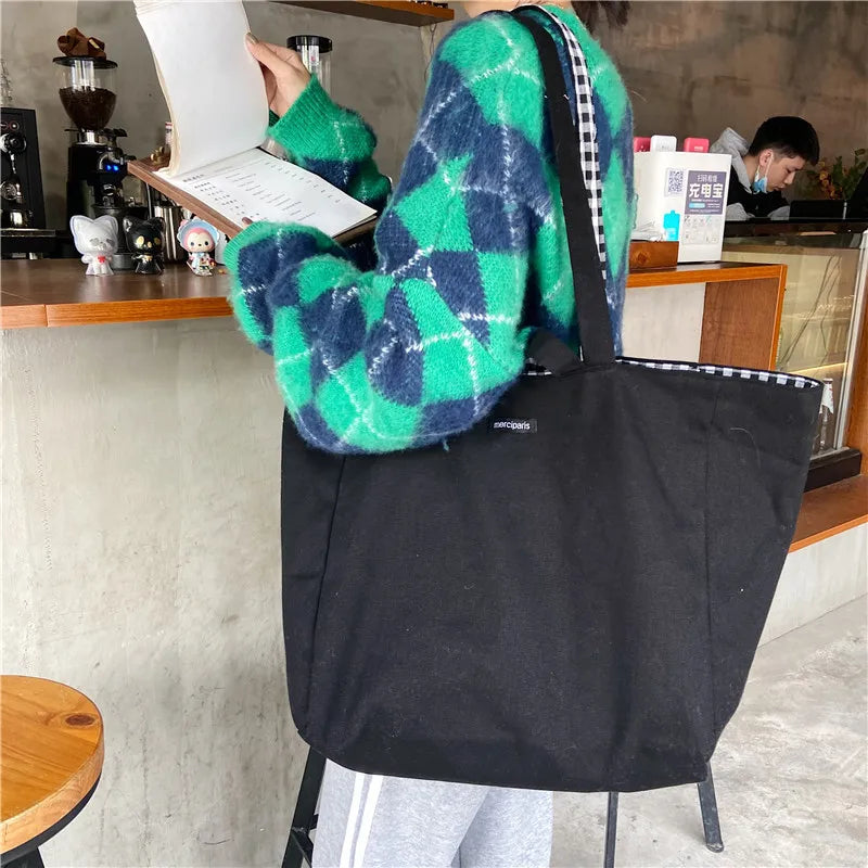 Women Canvas Shoulder Bags Plaid Double-side Large Capacity Handbags Female Shopping Portable Lazy All-match Foldable Tote Bag