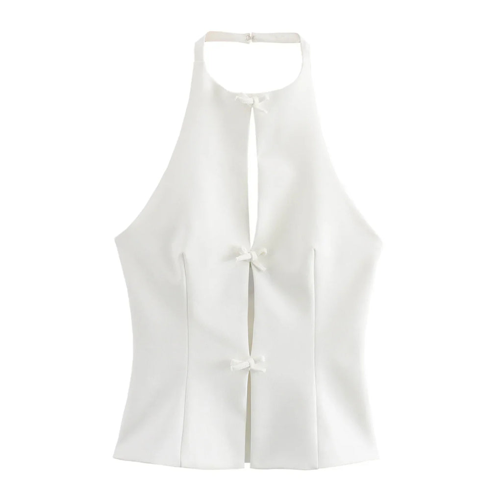 Bow Backless Vest Women Summer Sleeveless Halter Hollow Top Elegant Slim Skirt New Y2k Female Tanks Short Top Office