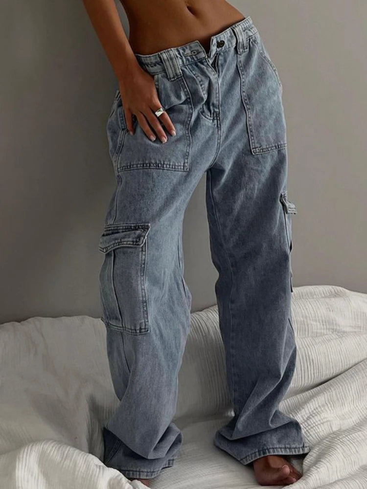 Women's Vintage Washed Loose Straight Low-Rise Elastic Waist Patchwork Cargo Jeans with Cuffed Pockets Trendy Streetwear Casual