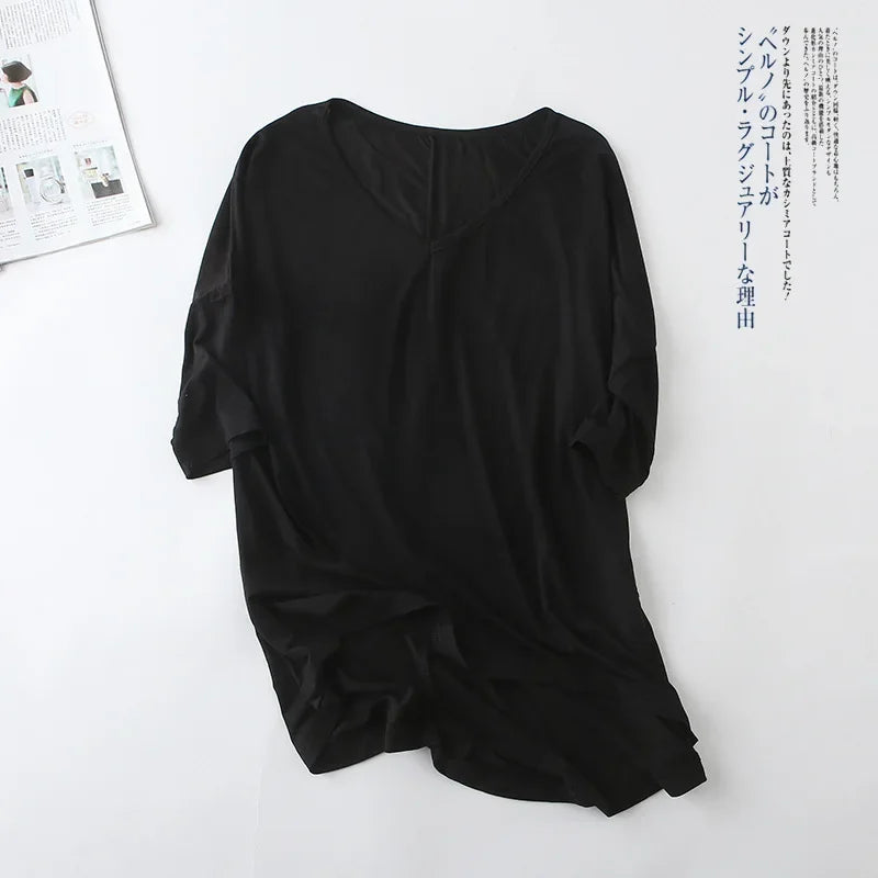 Fashion Tops Tees 2025 Summer T-shirt Women Half-Sleeve Solid Loose Shirt V-neck Oversize Basic Top Shirts for Women Casual