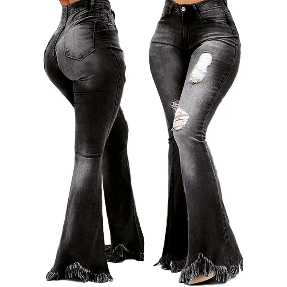 Jeans Women Long Pants Flare Pant Slim Fit Bodycon Y2k Streetwear Casual Elegant Splice Denim Trousers Solid Hole High Waist