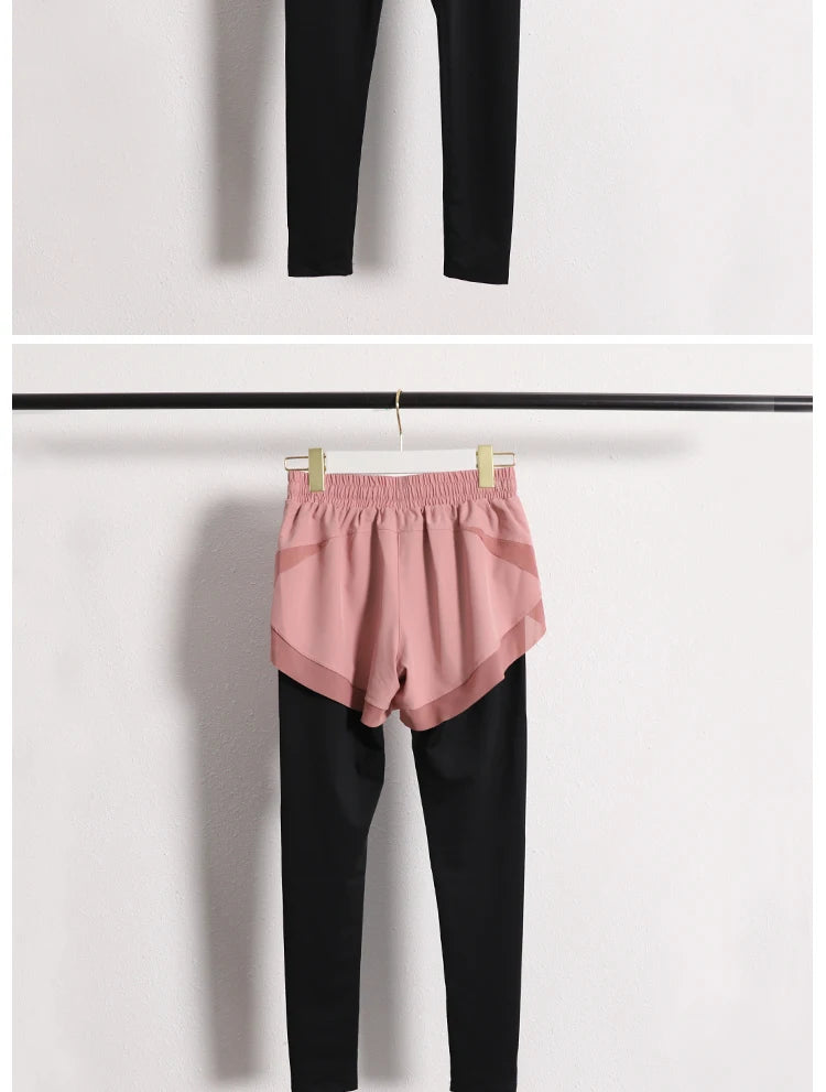 Stretch Autumn Sports Pants Women Two Pieces Fitness Yoga Pants and Shorts With Inner Phone Pocket 2 in 1 Yoga Pants