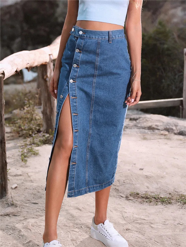 Women's Maxi Pencil Jean Skirt High Waisted A-Line Long Denim Skirts Ins Button Down Side Split Hem Stretch Blue Jean Skirt