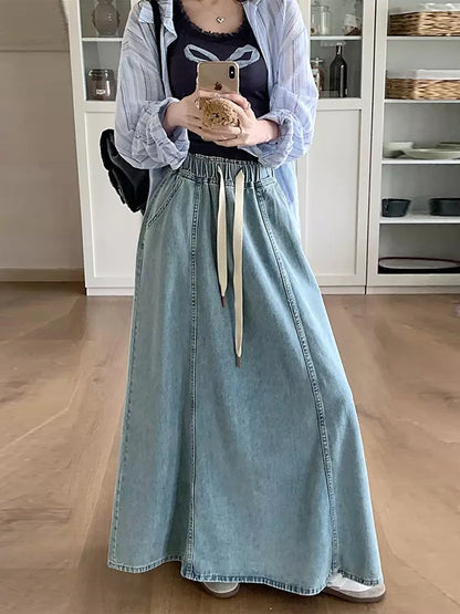 Harajuku Denim Skirt y2k Aesthetic Elastic Drawstring High Waist A Line Flare Jean Skirt Ladies Vintage Skirts Streetwear
