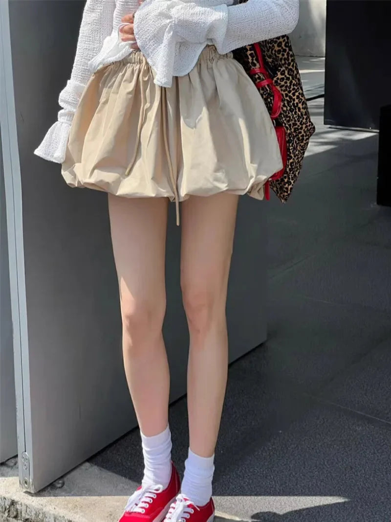 Ropa Skirts for Women 2025 Mini Black White Korean Style Jupe Faldas Mujer Elastic Waist Retro Khaki Drawstring Flower Bud Skirt