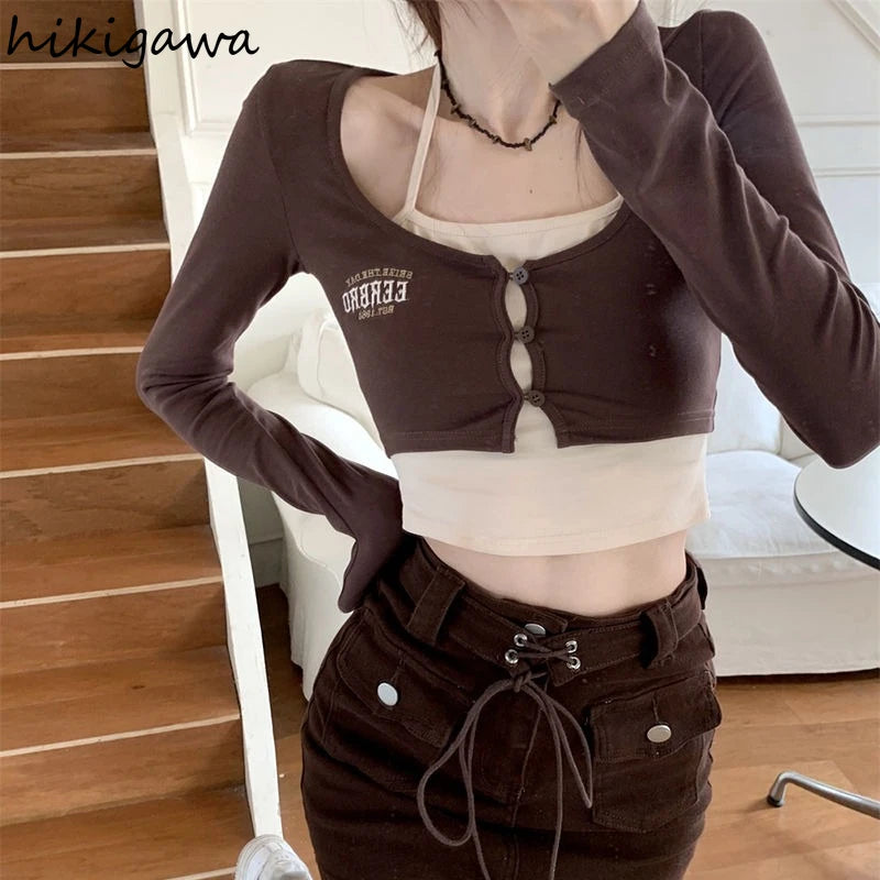 Chic Tshirts for Women Crop Tops 2025 Ropa Mujer Fake Two Tees Single Breasted Long Sleeve Tunic Camisetas Summer Y2k T-shirts