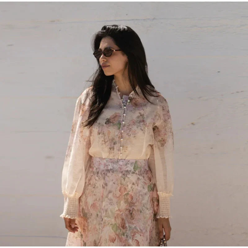 Elegant Floral Printed Long Skirts Set Women Loose Full Sleeve Single Breasted Shirts Pleated Skirt 2025 Summer Lady New Suits