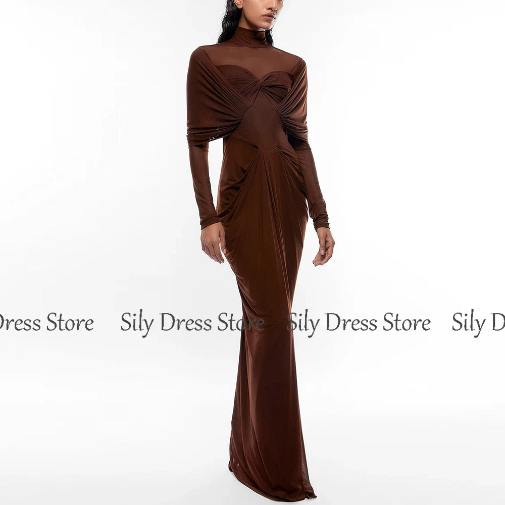 Classic Saudi Women's Evening Dresses Brown Pleat Formal Evening Column&Sheath High Collar Long Dresses 2024