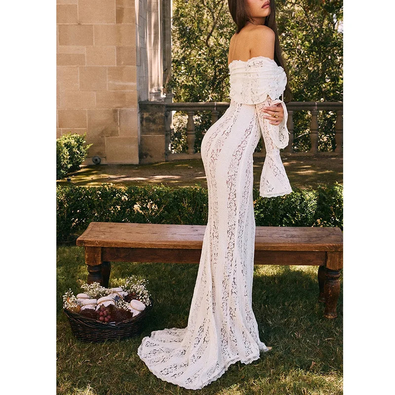 Women's Dresses New Sexy One-word Shoulder Lace Temperament Tube Top Long Dress Slim Fishtail Dress for Women