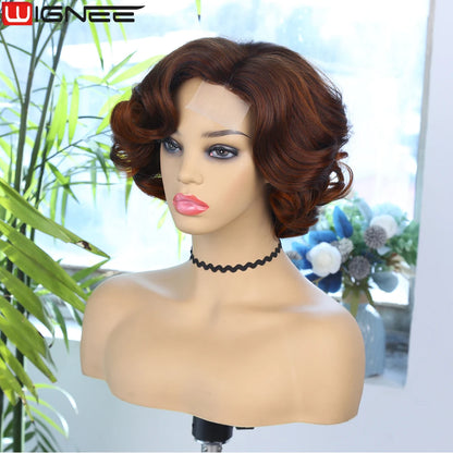 Wignee Body Wave Short Wig Brown Color Synthetic Hair Wigs For Women Side Part Wigs On Sale Clearance Cosplay Wig Daily Use