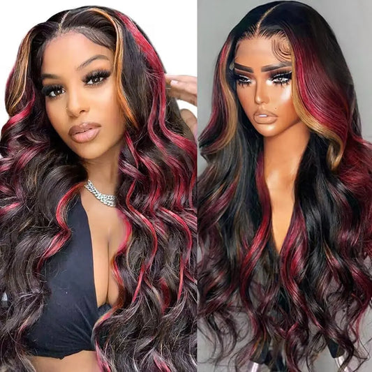 Highlight 5x5 Glueless Wigs Human Hair Pre Plucked Pre Cut Black Hair With Red blonde highlight Body Wave Wigs Human Hair 200%