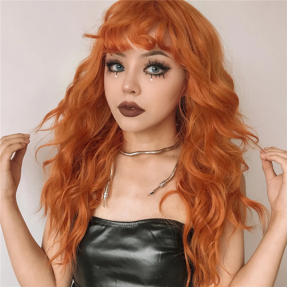 Ginger Curly Synthetic Wigs for Women Long Orange Wigs with Bangs Heat Resistant Hair Colored Party Cosplay Hair Wig