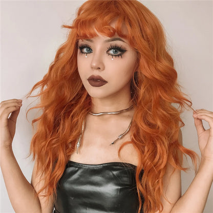 Ginger Curly Synthetic Wigs for Women Long Orange Wigs with Bangs Heat Resistant Hair Colored Party Cosplay Hair Wig