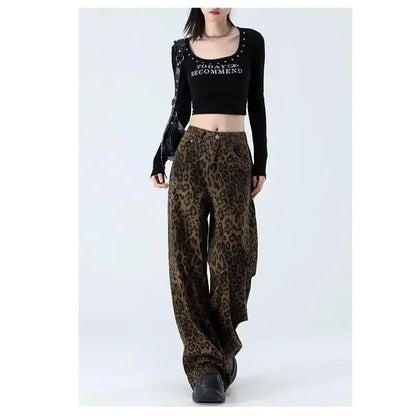 Women's leopard print jeans autumn and winter fashionable versatile loose retro casual pants straight leg wide leg pants