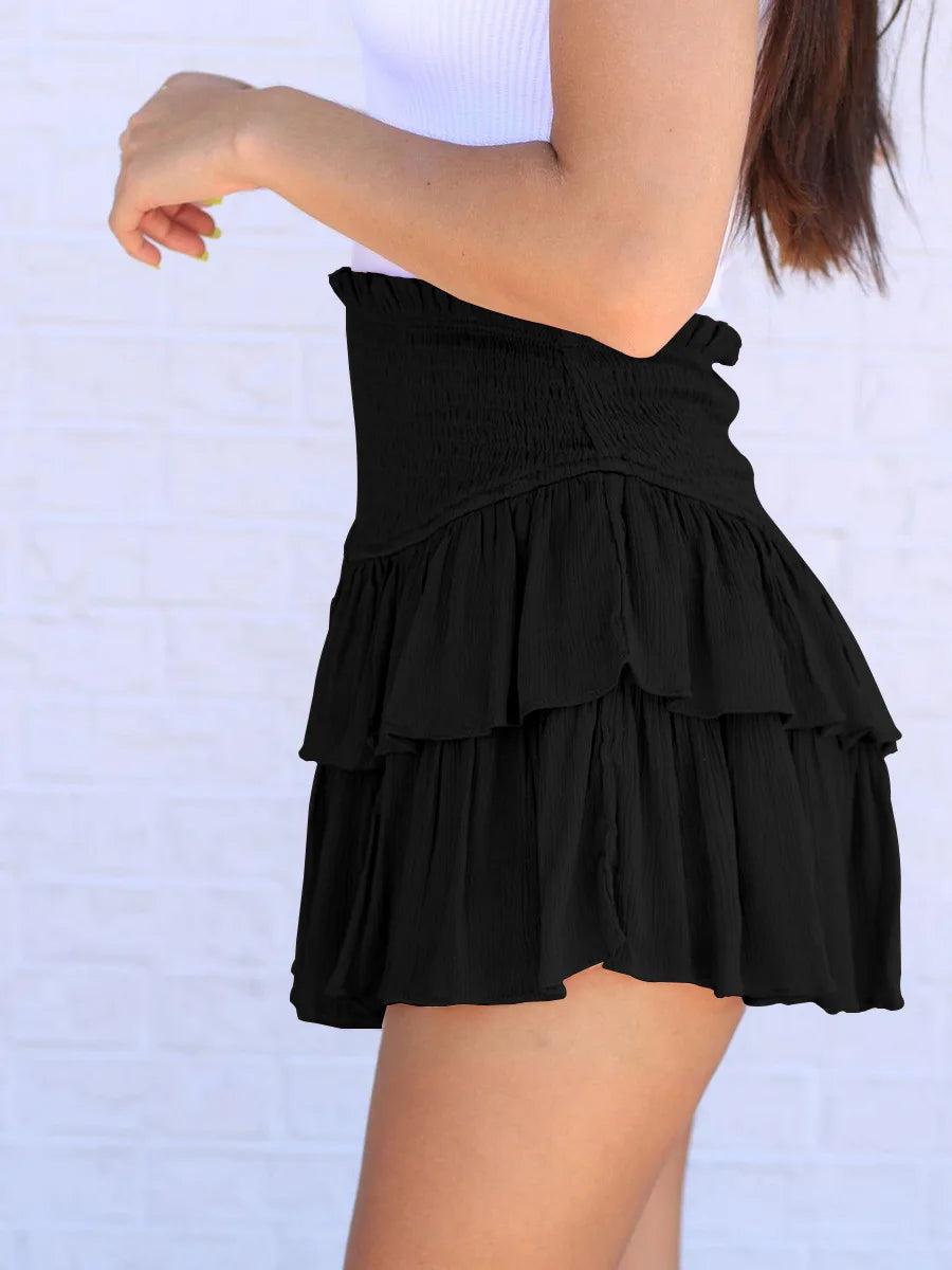 Women's High Waist Ruffle Pleated Mini Skirts Solid Lined Layered Flared Flowy Casual Swing Summer Boho Beach Mini Short Skirt