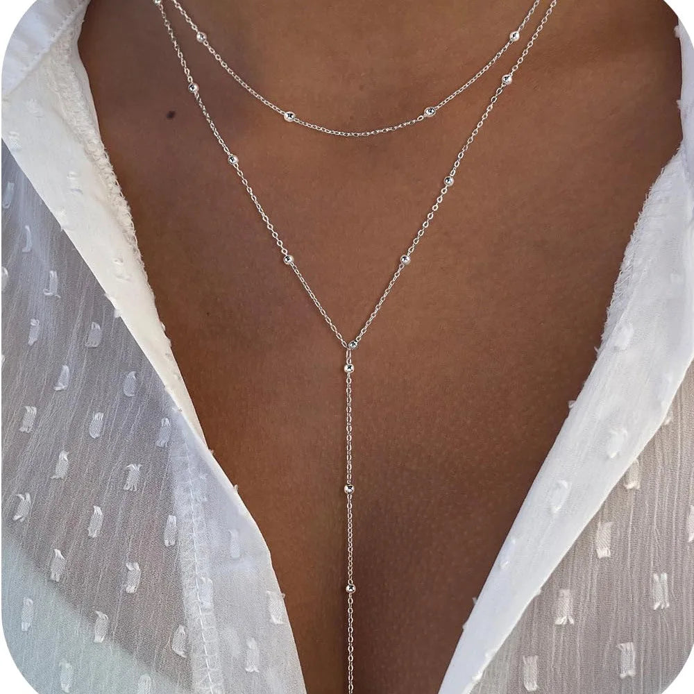 Y-Shaped Round Bead Necklaces for Women Simple Metal Double Laryered Long Chain Drop Pendant Choker Necklaces Fashion Gifts