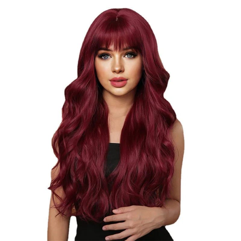Wig woman air bangs long hair big waves dyed synthetic fiber high temperature silk full head set selling long curly hair