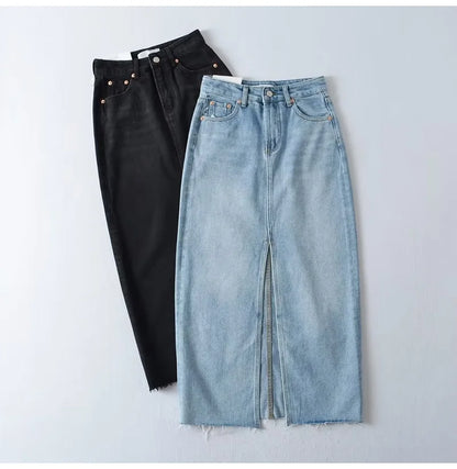 MiuKoMiYa Long Denim Skirts For Women Maxi Spring 2025 Black Front Slit Jean Skirts Womens Long Streetwear Blue Skirt Denim Maxi