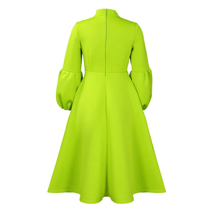 Elegant Dresses for Women Bow Collar Full Sleeve High Waisted A Line Mid Calf Luxury Female Birthday Party Dinner Vestidos Mujer