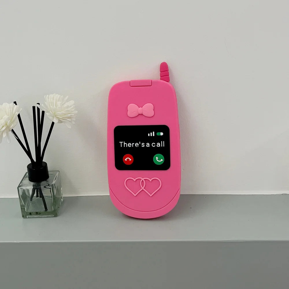 Cute 3D Hot Pink Bow Cellphone Model Flip Mirror Silicone Cases For iPhone 15 14 13 12 Pro Max 11 Shockproof Soft Cover Gifts