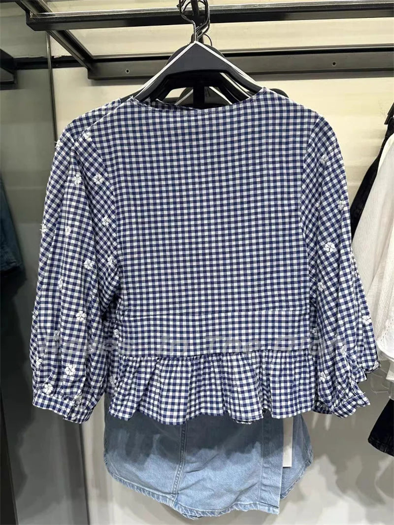 Women's Tops New Summer 2025 Small Check Tops Embroidered Trims Sexy Deep V-Neck Casual Fashion Versatile Personality