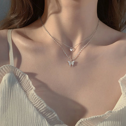 Double Layered Butterfly Necklace for Women with High-end Design, Light Luxury and Niche Collarbone Chain