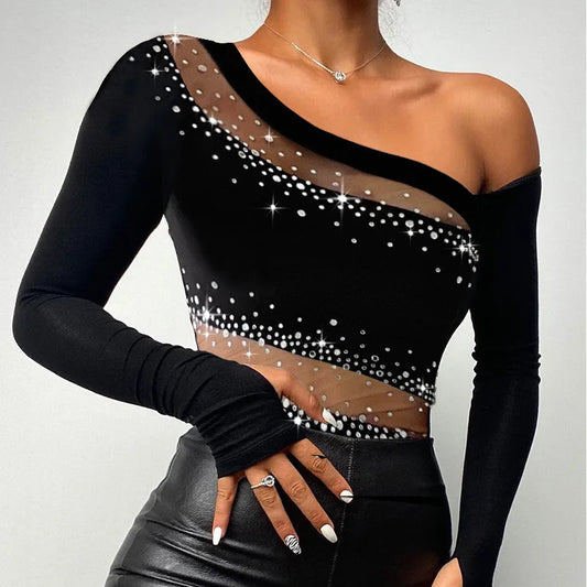 Tops Women Sexy Top Hot Drilling Skew Collar Sheath One Shoulder Y2k Sleeve Slim Fit Y2k Streetwear Elegant Tees T-Shirts