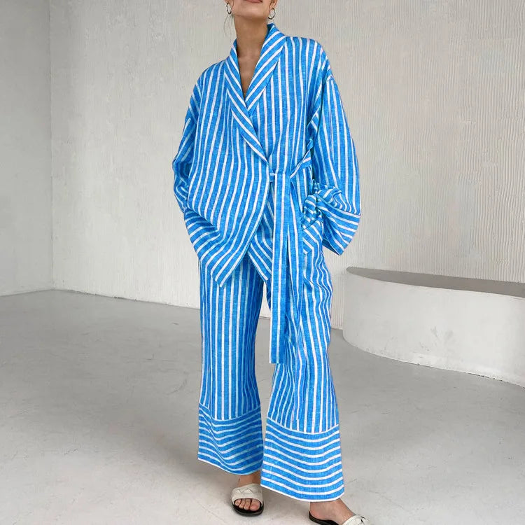 Women's Dress Sets Autumn New Striped Long-sleeved Loose Lace-up Top High-waisted Trousers Fashion Casual Suit for Women