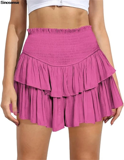 Women's High Waist Ruffle Pleated Mini Skirts Solid Lined Layered Flared Flowy Casual Swing Summer Boho Beach Mini Short Skirt