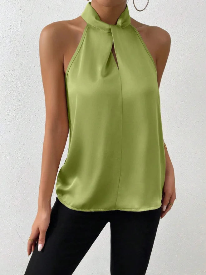 2025 Women's Tanks Top Camis Hanging Neck Strap Design Satin Gloss Loose Sleeveless Blouses Blusas Mujer Moda Black Sexy Shirt
