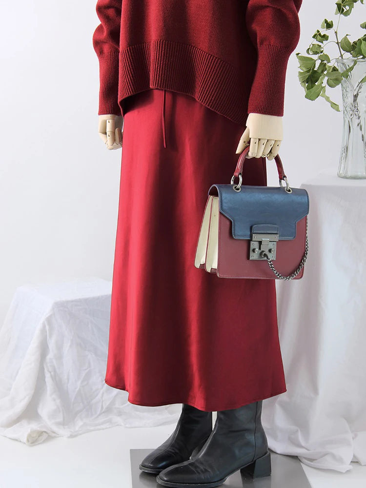 Long Black Satin Skirts Women For Work Summer Autumn Straight Brown Skirt Long Belt Coffee Formal Silk Maxi Skirt For Ladies