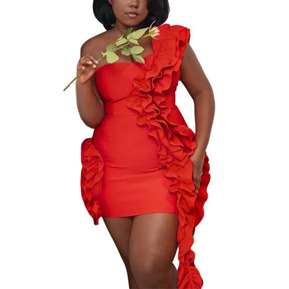 Sexy Dresses for Woman 2025 New Summer Red One Shoulder Ruffles Sheath Mini Length Elegant Ladies Evening Night Birthday Dress