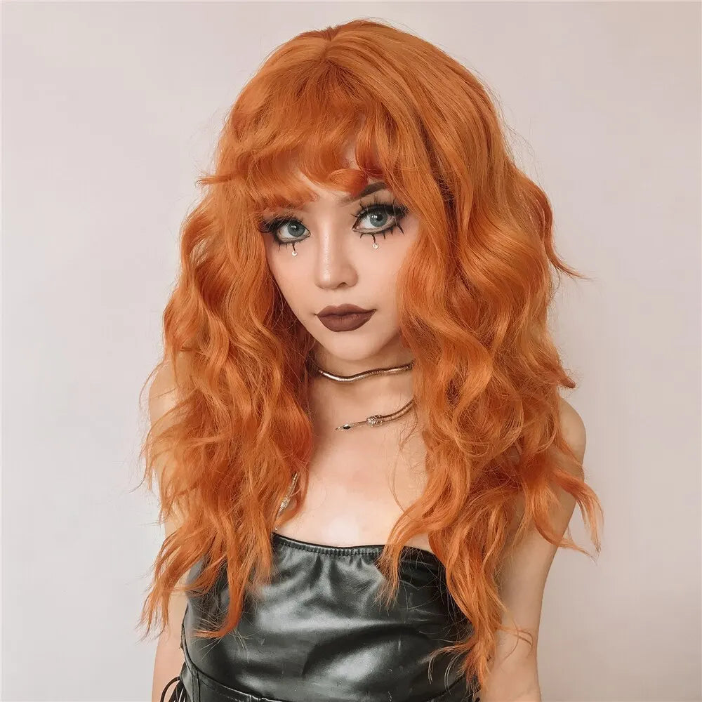 Ginger Curly Synthetic Wigs for Women Long Orange Wigs with Bangs Heat Resistant Hair Colored Party Cosplay Hair Wig