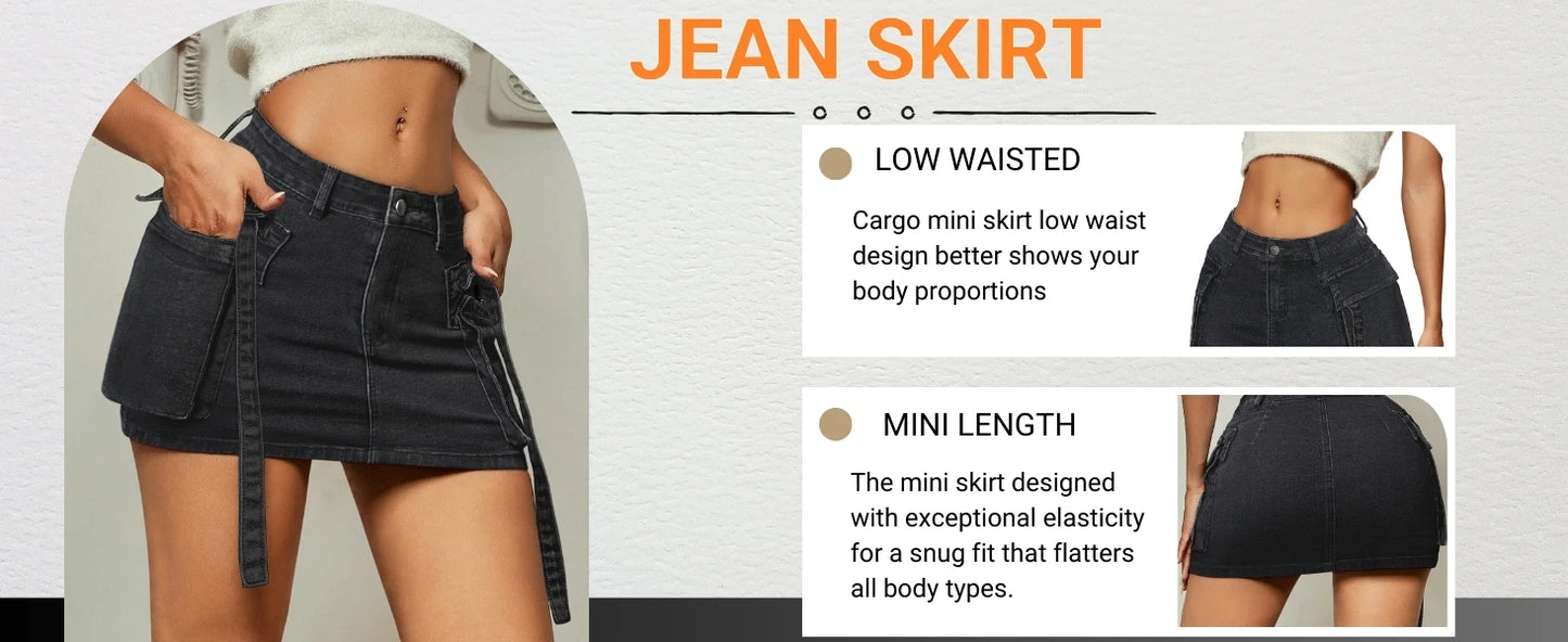 Women Cargo Skirt Denim Mini Low Waist Y2K Jean Skirts with Pockets
