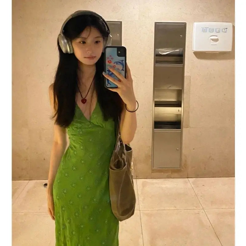 Elegant Green Print Dresses for Women V-neck Sleeveless Vintage Robe Femme 2025 Vestidos De Mujer Slim Waist Sexy Summer Dress