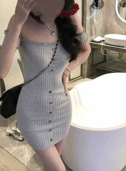 Woman Dress for Women 2025 Vestidos De Mujer Fashion Slash Neck Tunic Robe Femme Ruffles Bodycon Knitted Button Summer Dresses