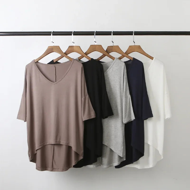 Fashion Tops Tees 2025 Summer T-shirt Women Half-Sleeve Solid Loose Shirt V-neck Oversize Basic Top Shirts for Women Casual