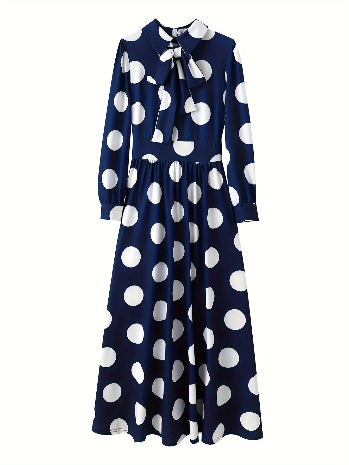 Casual Dresses Elegant Women Long Dress Sleeve Female Robe Bow Knot Polka Dots Girl's Vestidos Lady's Maxi Dresses