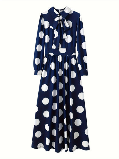 Casual Dresses Elegant Women Long Dress Sleeve Female Robe Bow Knot Polka Dots Girl's Vestidos Lady's Maxi Dresses
