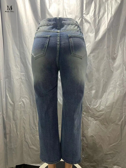Fashion Women Cotton Jeans High Waist Vintage Wash Denim Tassels Cross Trousers Y2K Streetwear Straight Leg Pants 2024