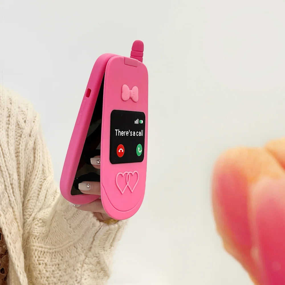 Cute 3D Hot Pink Bow Cellphone Model Flip Mirror Silicone Cases For iPhone 15 14 13 12 Pro Max 11 Shockproof Soft Cover Gifts