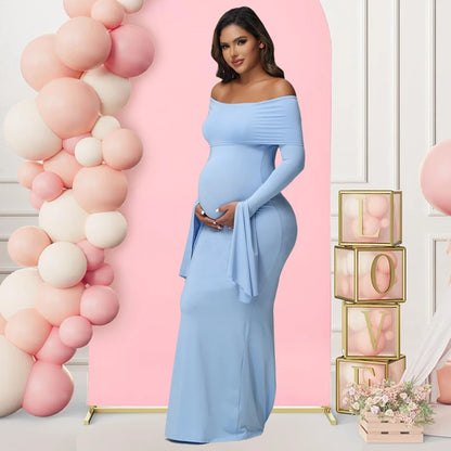 Women Maternity Dresses For Photoshoot Sexy Off Shoulder Long Sleeve Bodycon Pregnancy Baby Shower Maxi Gown