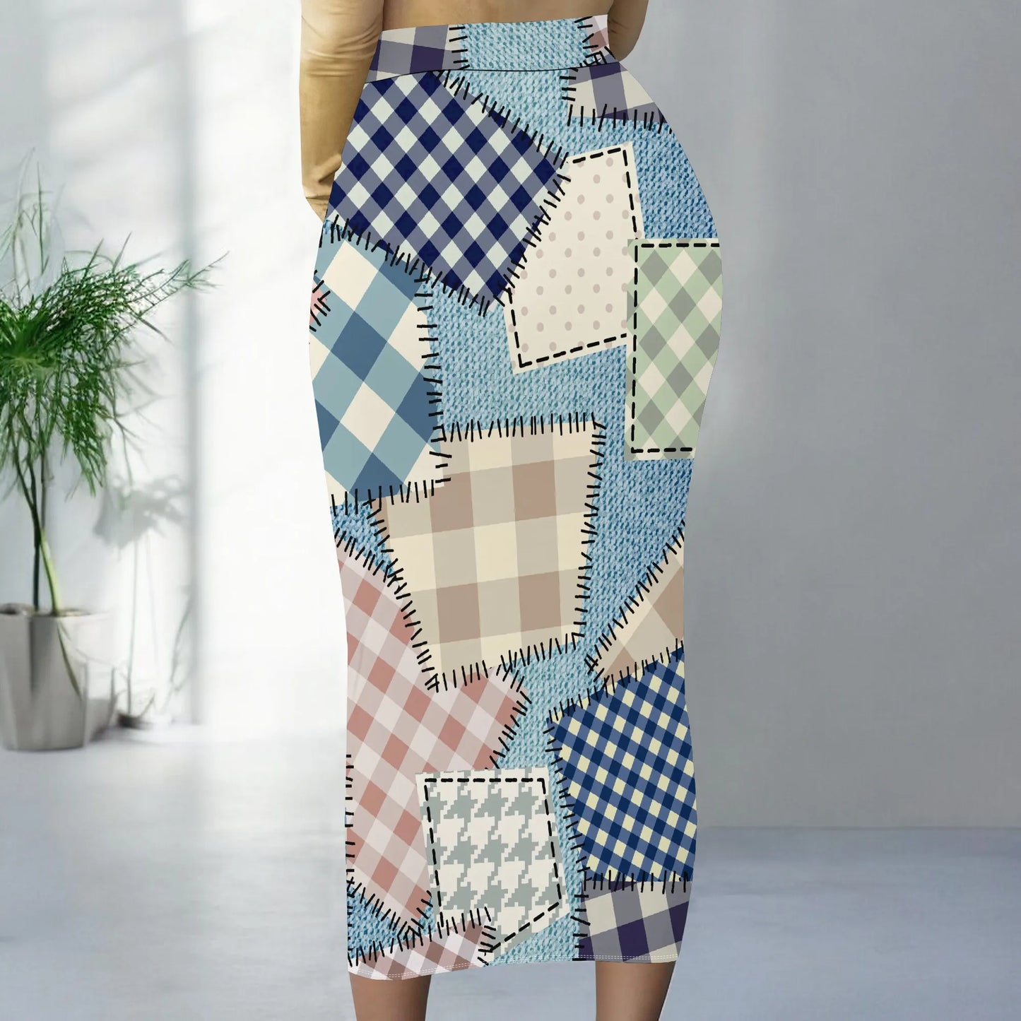Womens Long Cotton Patchwork Stretch Denim Skirt a Line Flared Jean Maxi Skirt