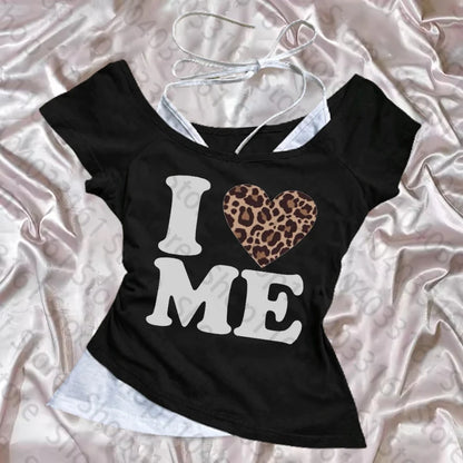Women's Aesthetic Tops For Women Crop Top 2000s Tops With Suspenders Gothic Clothes Vintage Harajuku Grunge I LOVE ME printing