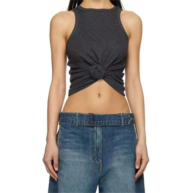Women t-shirts New twisted flower knotted sleeveless top for summer 2025 Elastic slim pure cotton women's vest corset crop top