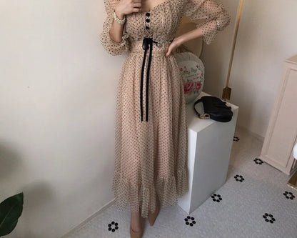 Women Clothing Vestidos Vintage Dress Elegant Square Neck High Waisted Lace Organza Polka Dot Dresses Chic Summer 2025 Slim