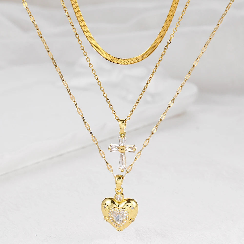 Women's High-End Heart-Shaped Necklace with Zircon Cross Pendant Stainless Steel Collarbone Chain Fashionable Jewelry