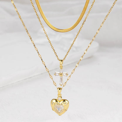 Women's High-End Heart-Shaped Necklace with Zircon Cross Pendant Stainless Steel Collarbone Chain Fashionable Jewelry