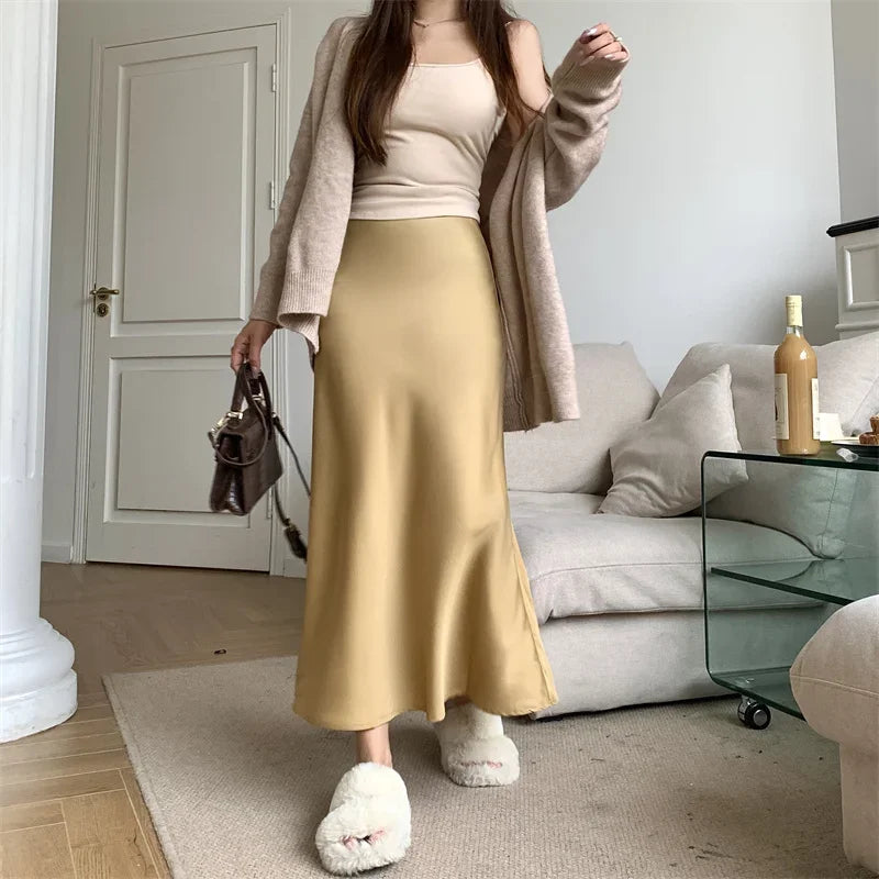 Satin Skirts for Women Korean Reviews Many Girls Clothes Women's 2025 Summer NEW High Waisted Mid Long Skirts Fashion women skir
